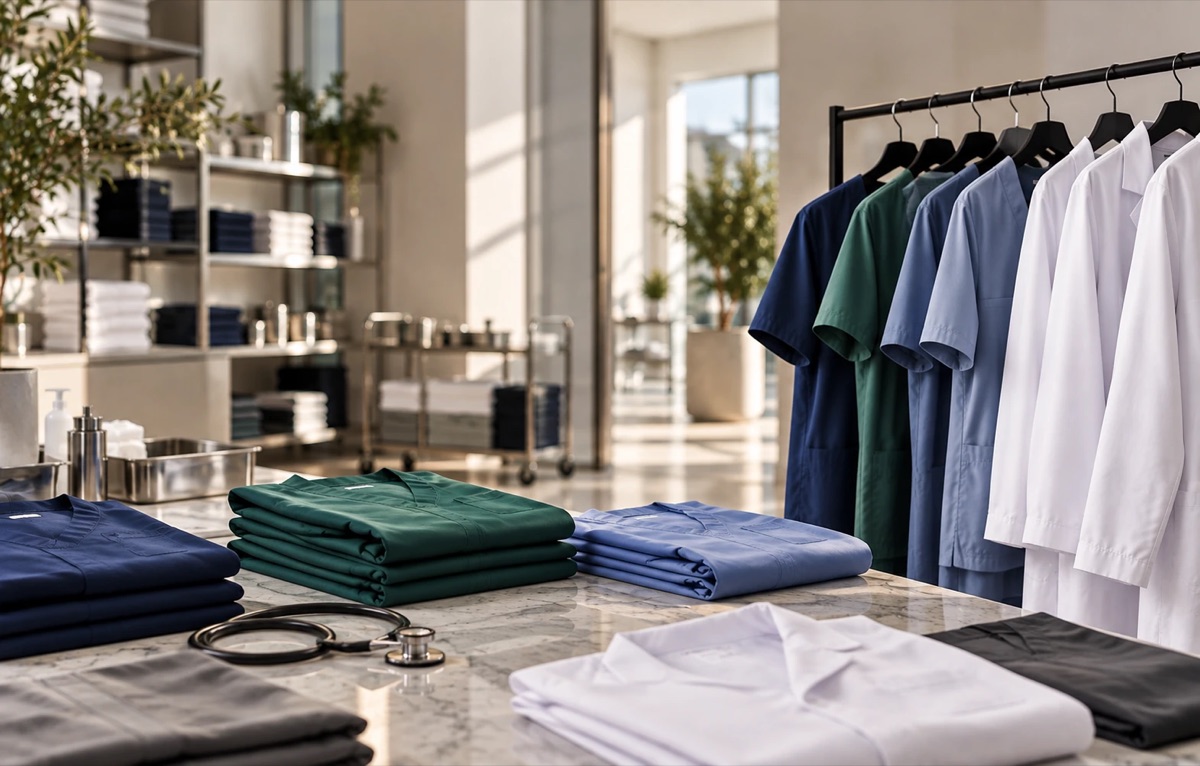 Scrubs and clinical coats in navy, green, light blue and white, folded on a counter and hanging on a rail