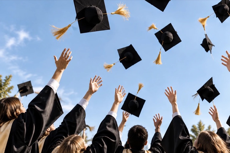 Graduation caps thrown into a blue sky above raised hands