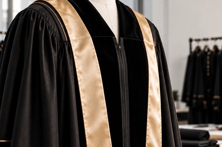 A graduation gown on a tailor's mannequin, black with wide gold satin facings