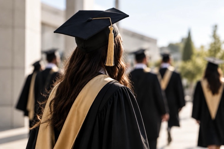 A graduate seen from behind in cap, gown and gold stole, walking towards a ceremony
