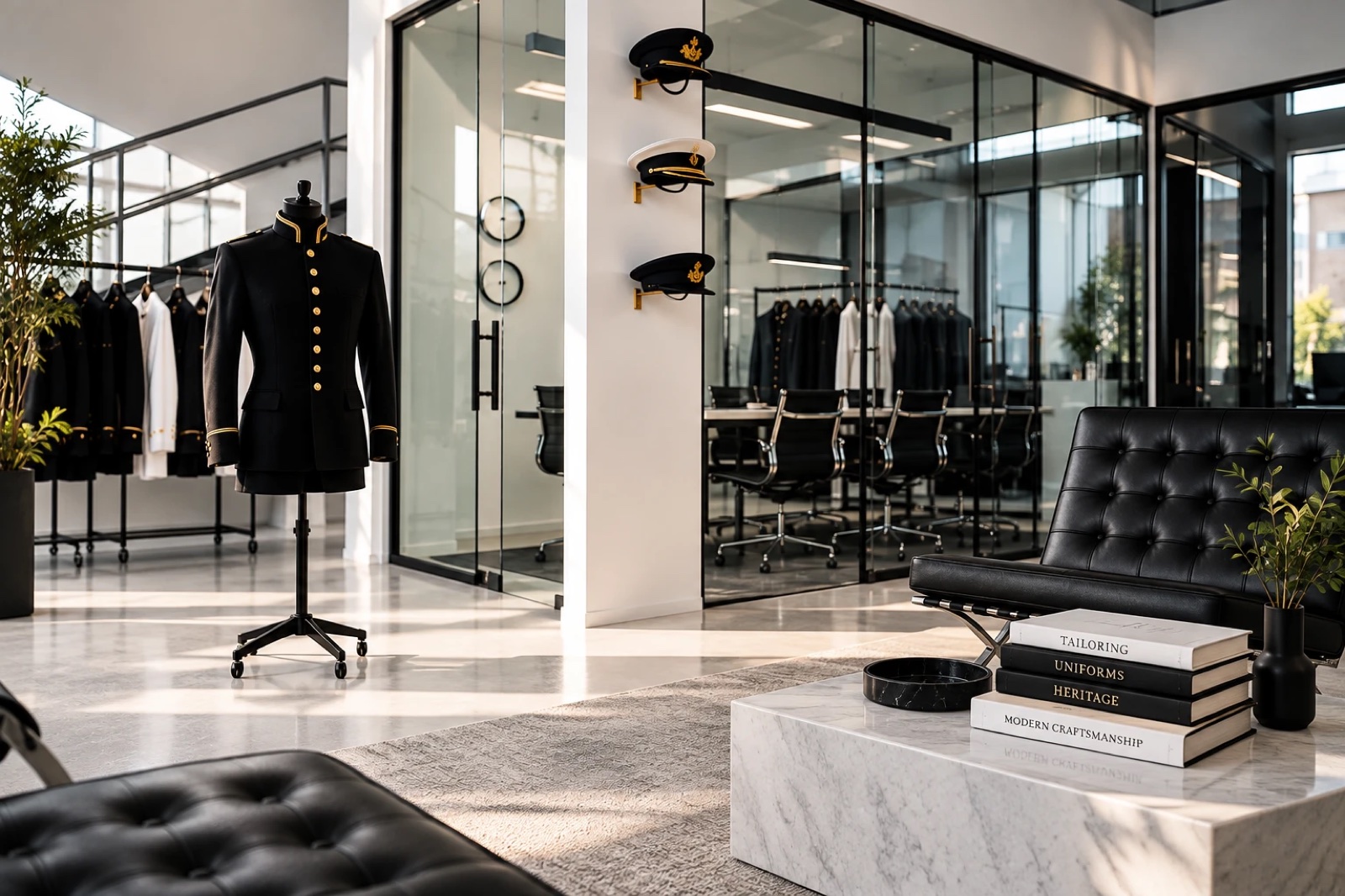 A showroom interior: a ceremonial jacket with gold buttons on a mannequin, service caps mounted on the wall, garment rails of uniforms and glass-walled meeting rooms