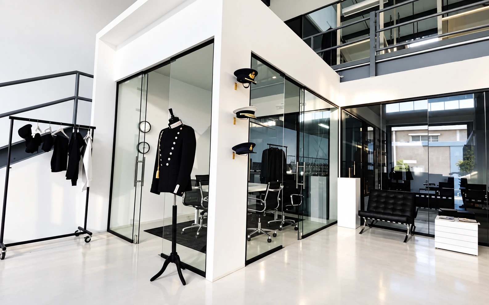 Moxie's showroom in Al Quoz, Dubai: a ceremonial jacket on a mannequin, service caps on the wall, a garment rail and glass-walled meeting rooms